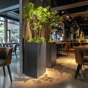Large grey plant pots standing tall, ready to showcase vibrant blooms.